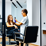 **

"A brightly lit and modern beauty salon in St. Petersburg, Russia, featuring comfortable chairs and stylish decor. A friendly female hairstylist with a professional demeanor is consulting with a client about a new haircut. The client is smiling and looking relaxed. The salon showcases a range of professional hair care products. Safe for work, appropriate content, fully clothed, professional, well-lit, high-resolution, perfect anatomy, natural proportions."

**