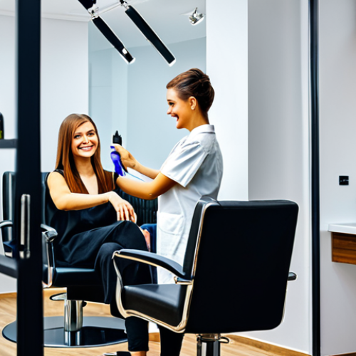 **

"A brightly lit and modern beauty salon in St. Petersburg, Russia, featuring comfortable chairs and stylish decor. A friendly female hairstylist with a professional demeanor is consulting with a client about a new haircut. The client is smiling and looking relaxed. The salon showcases a range of professional hair care products. Safe for work, appropriate content, fully clothed, professional, well-lit, high-resolution, perfect anatomy, natural proportions."

**