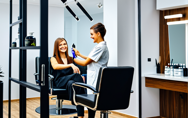 **

"A brightly lit and modern beauty salon in St. Petersburg, Russia, featuring comfortable chairs and stylish decor. A friendly female hairstylist with a professional demeanor is consulting with a client about a new haircut. The client is smiling and looking relaxed. The salon showcases a range of professional hair care products. Safe for work, appropriate content, fully clothed, professional, well-lit, high-resolution, perfect anatomy, natural proportions."

**