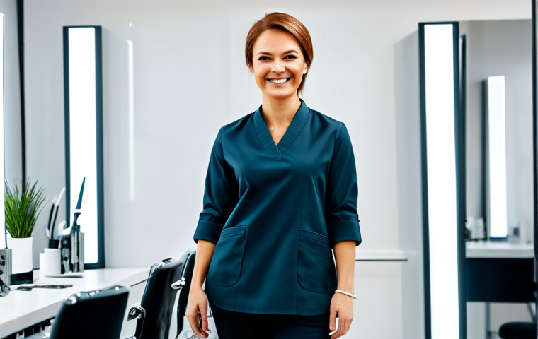 **

"A confident female hairstylist in a modern, well-lit salon in Moscow. She is fully clothed in a stylish, professional uniform (perhaps dark pants and a crisp, light-colored tunic). She is smiling and holding a comb and scissors. Background: blurred image of other stylists and clients. Safe for work, appropriate content, fully clothed, professional, perfect anatomy, natural proportions, high-resolution, professional photography, realistic."

**
